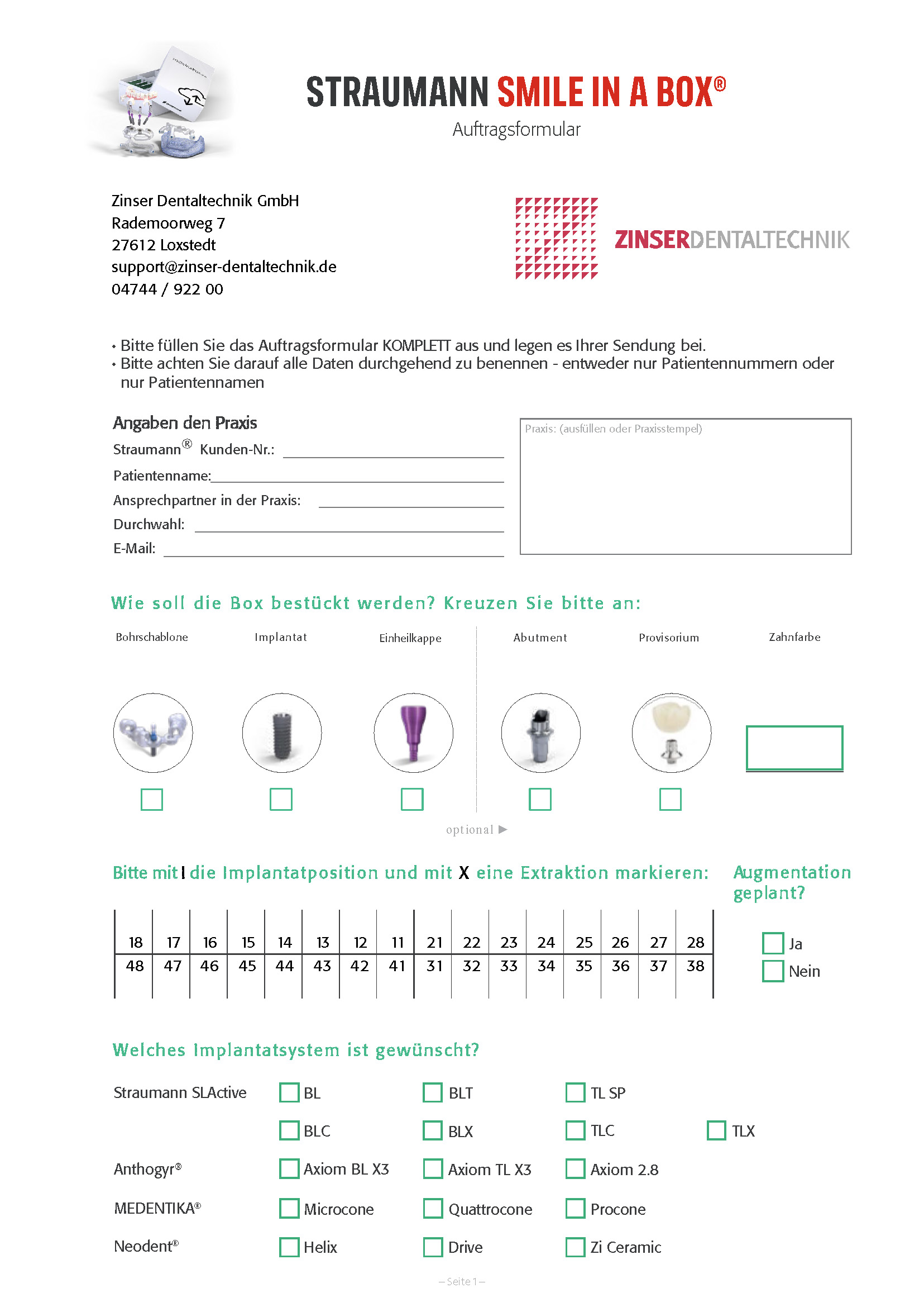 Smile in a Box Auftragsformular Zinser Dentaltechnik 2025